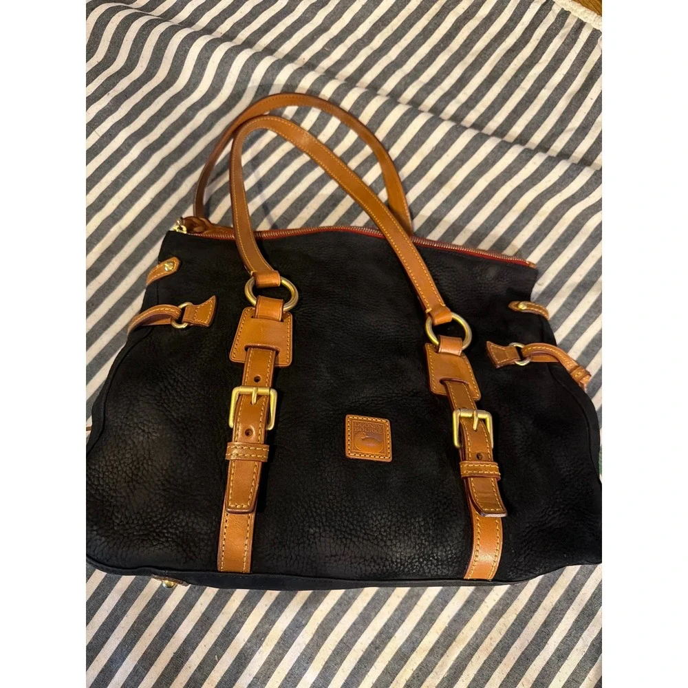 Dooney & Bourke Black Florentine Leather Satchel Bag Ginger Trim Tassel Large